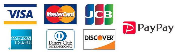 VISA、Master、JCB、AmericanExpress、DinersClub、DISCOVER、PayPay